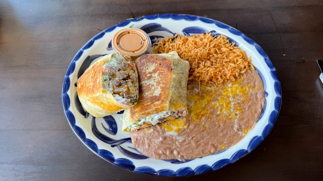 Grilled burrito plate with rice, beans and salsa